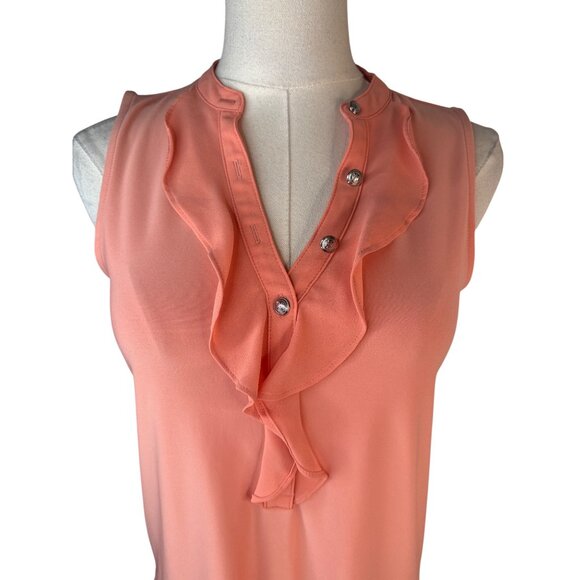 2/$30 White House Black Market XSP Coral Blouse Ruffled V-Neck Rhinestone Button - Picture 7 of 12